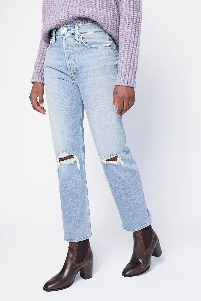 70s High Waist Flared Jeans with Distressed Finish.