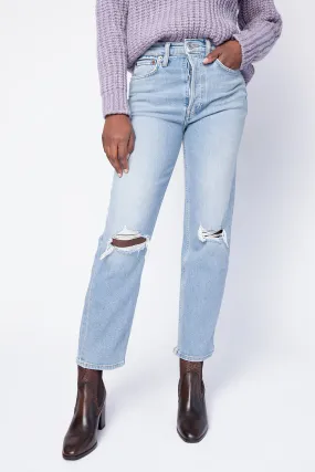 70s High Waist Flared Jeans with Distressed Finish.