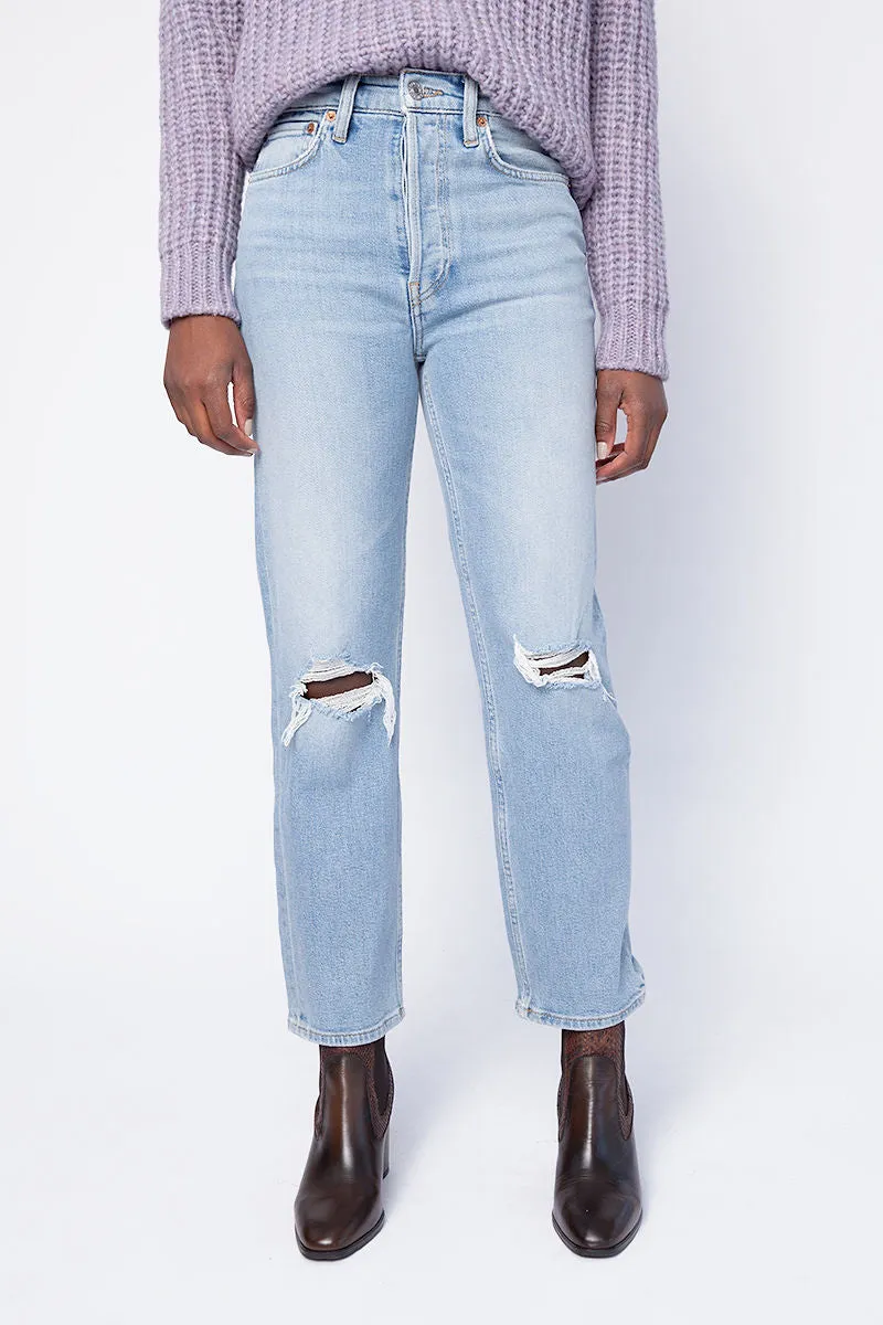 70s High Waist Flared Jeans with Distressed Finish.