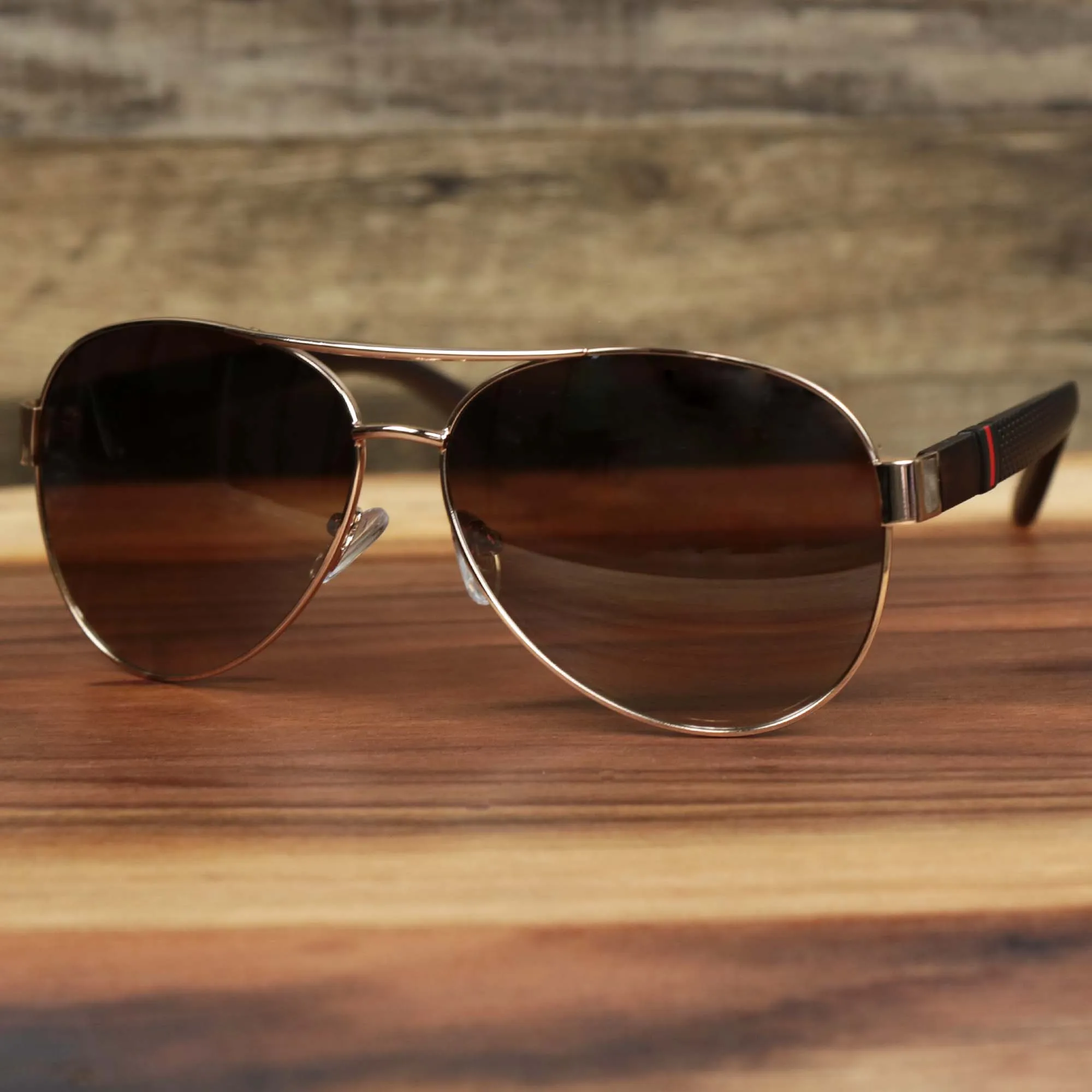 Aviator Sunglasses - Brown Lens with Racing Stripes - Rose Gold Frame