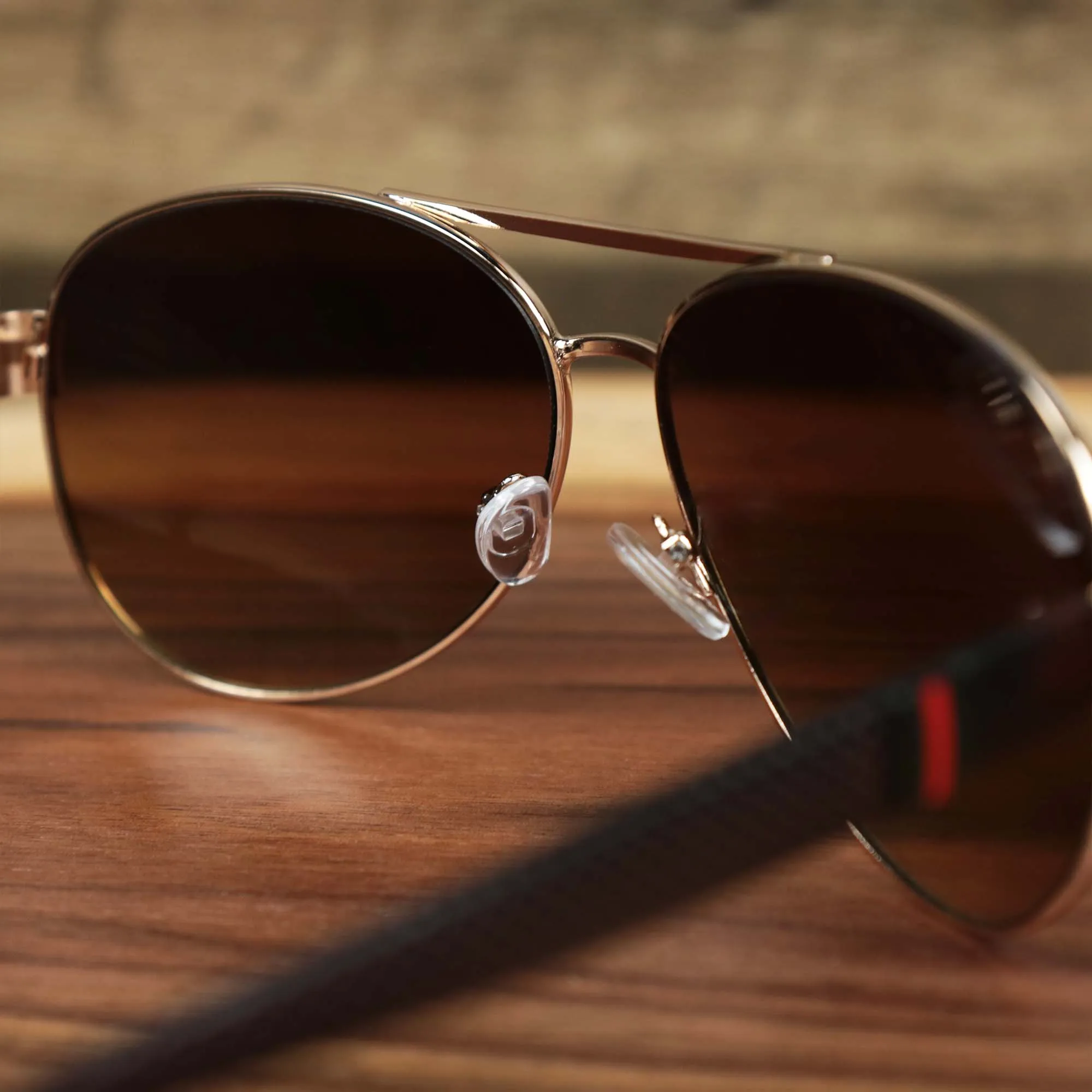 Aviator Sunglasses - Brown Lens with Racing Stripes - Rose Gold Frame