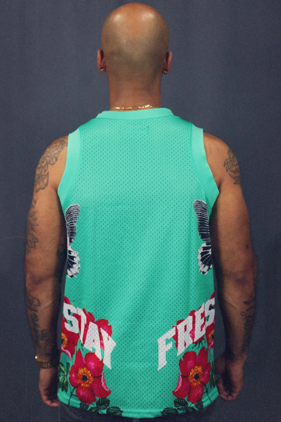 Basketball Shirt, Floral Mesh Tank Top, Mint, Sleeveless, Muscle Workout