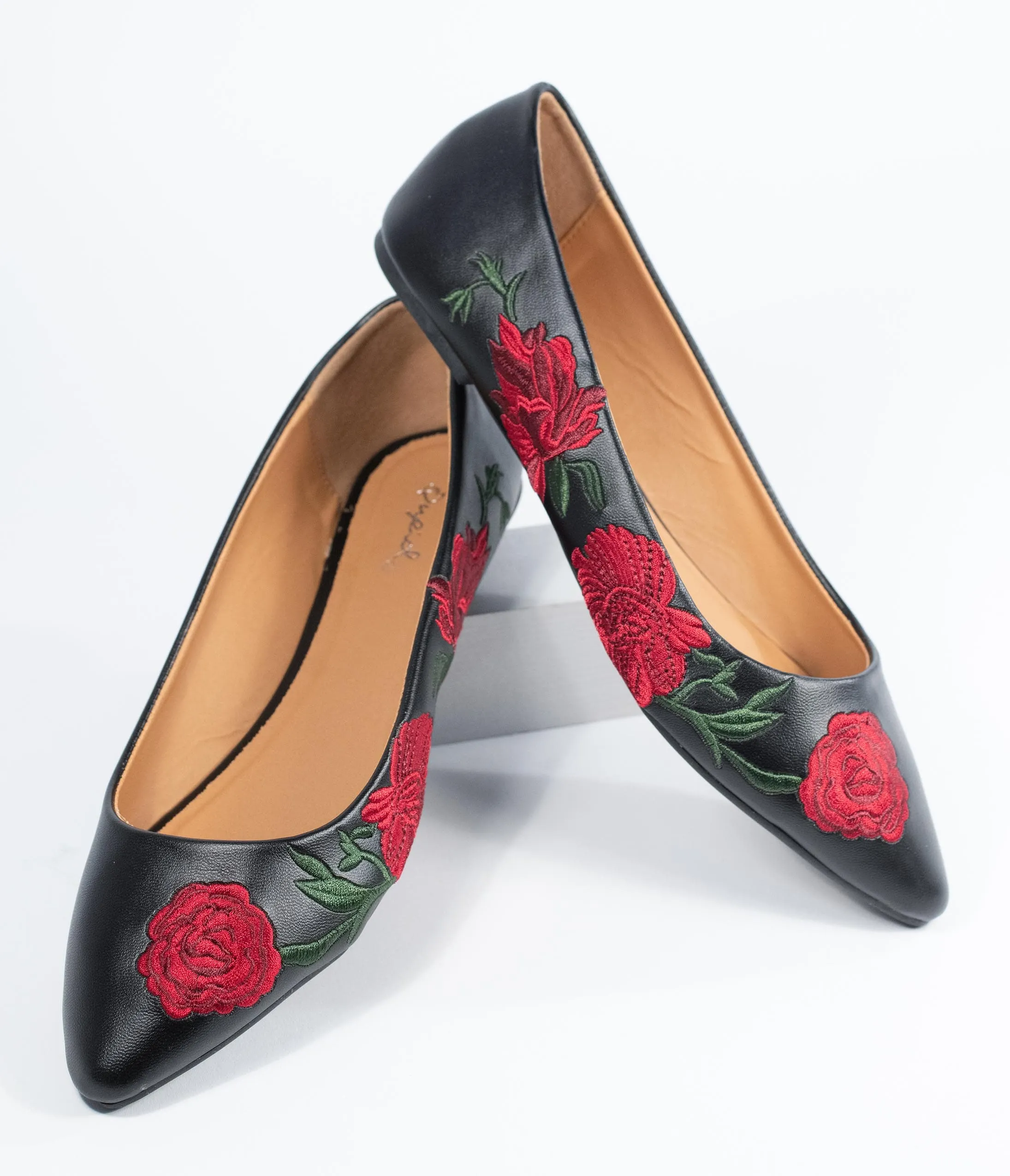 Black and Red Floral Embroidered Leather Flats