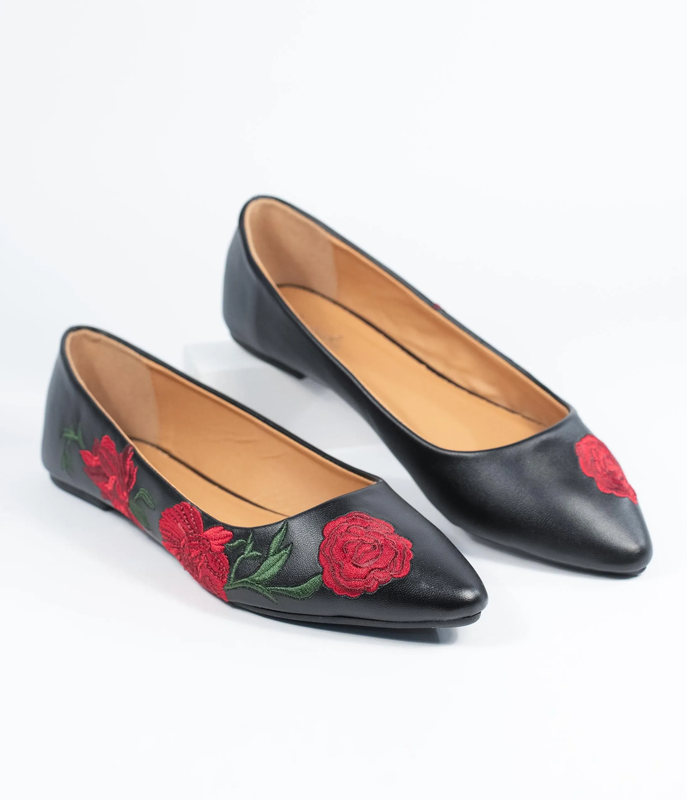 Black and Red Floral Embroidered Leather Flats