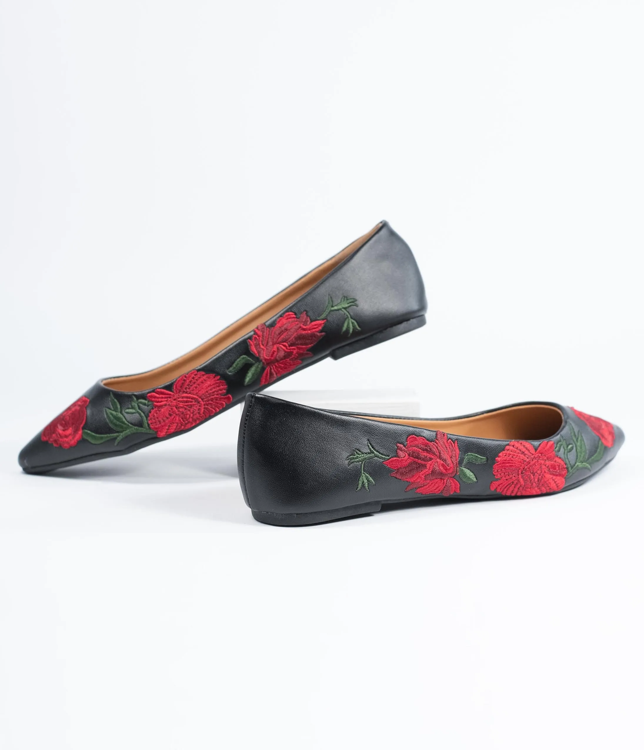 Black and Red Floral Embroidered Leather Flats