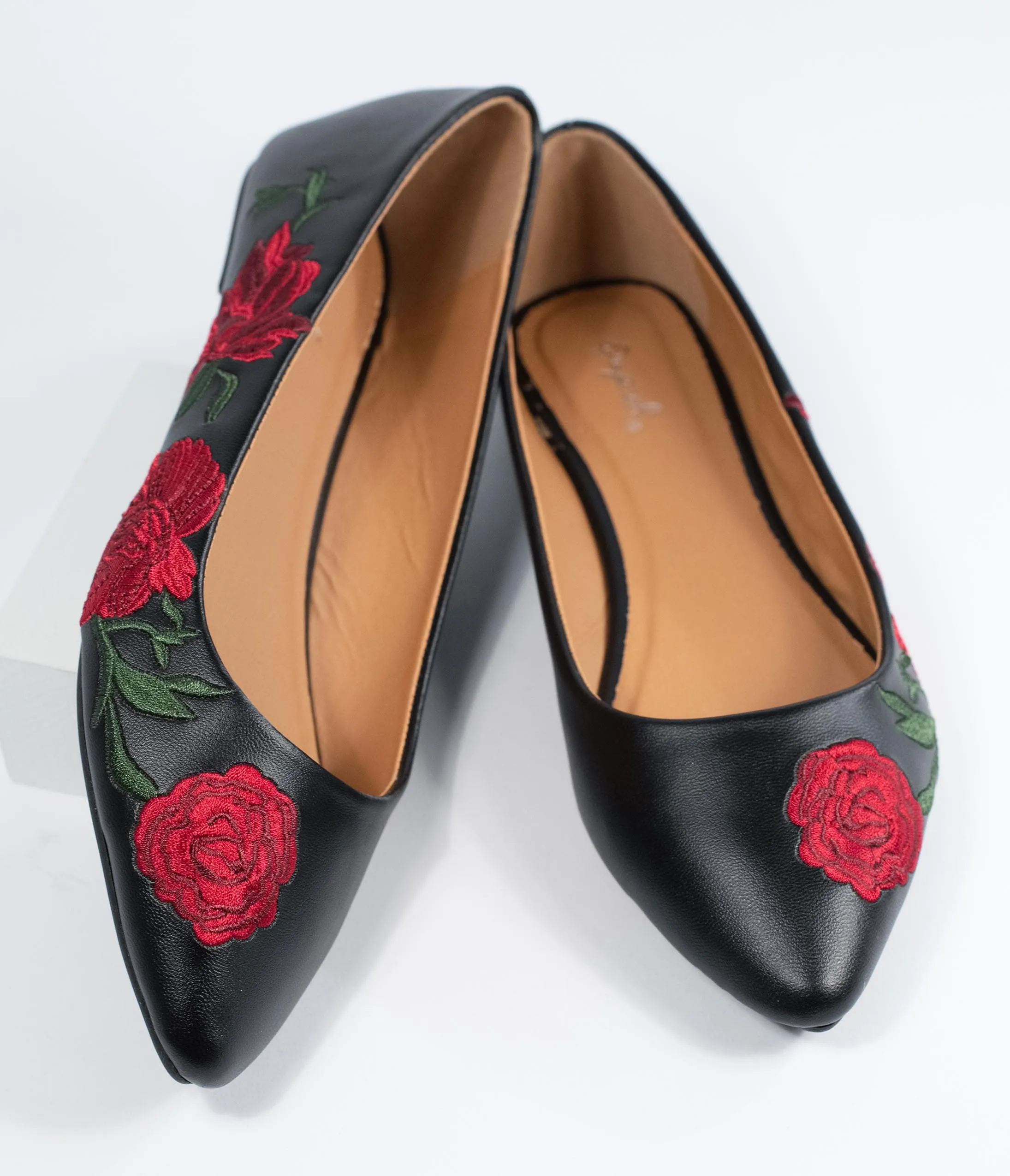 Black and Red Floral Embroidered Leather Flats