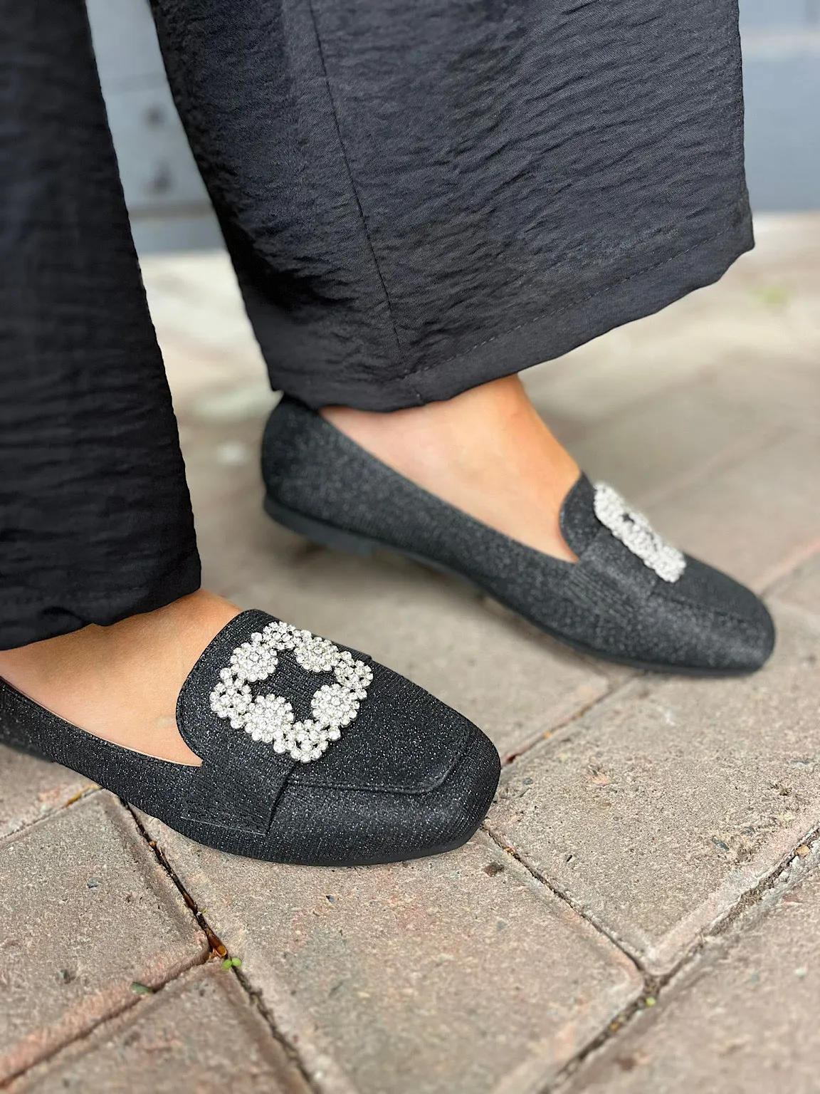 Black Floral Diamante Shimmer Loafer