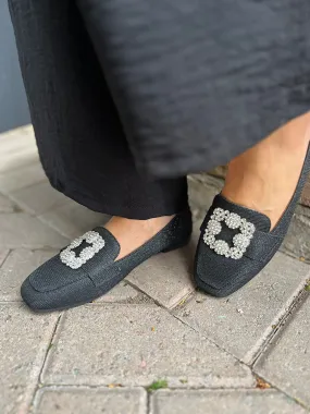 Black Floral Diamante Shimmer Loafer