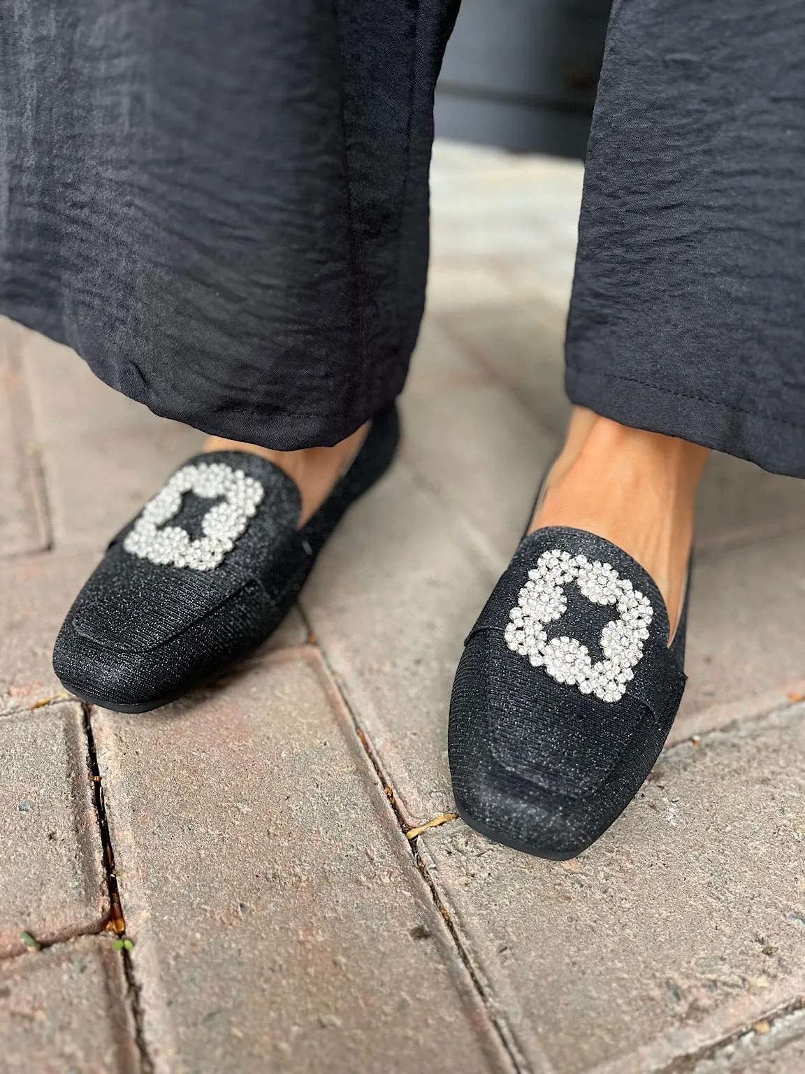 Black Floral Diamante Shimmer Loafer