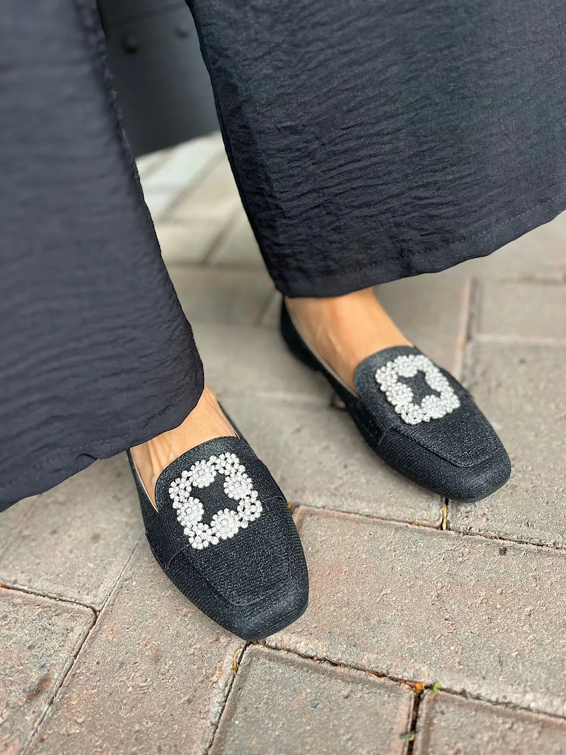 Black Floral Diamante Shimmer Loafer