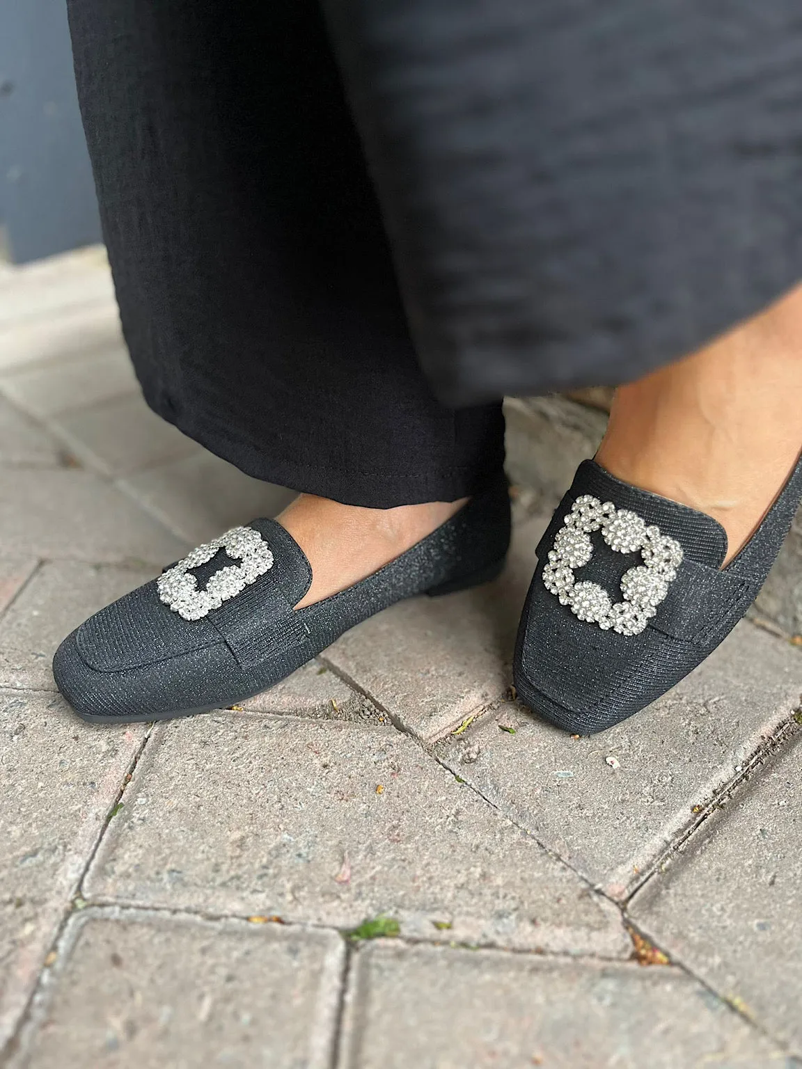 Black Floral Diamante Shimmer Loafer