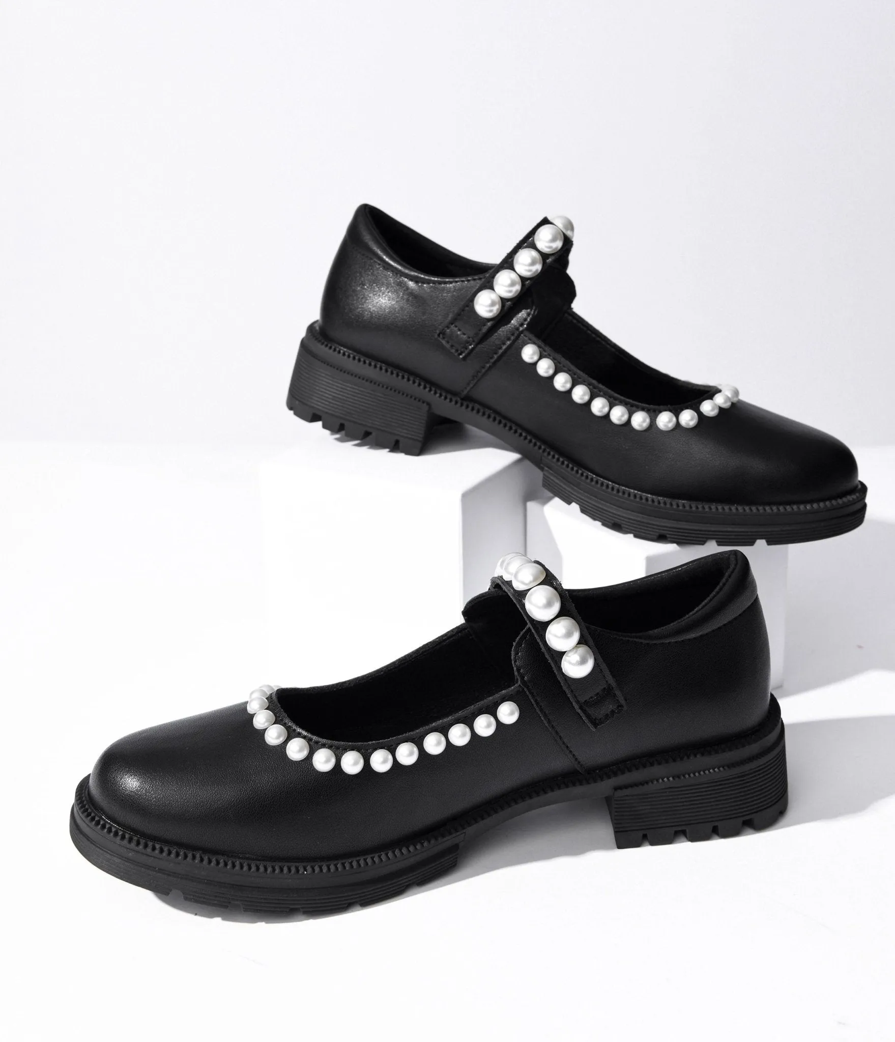 Black Leather Pearl Mary Jane Flats