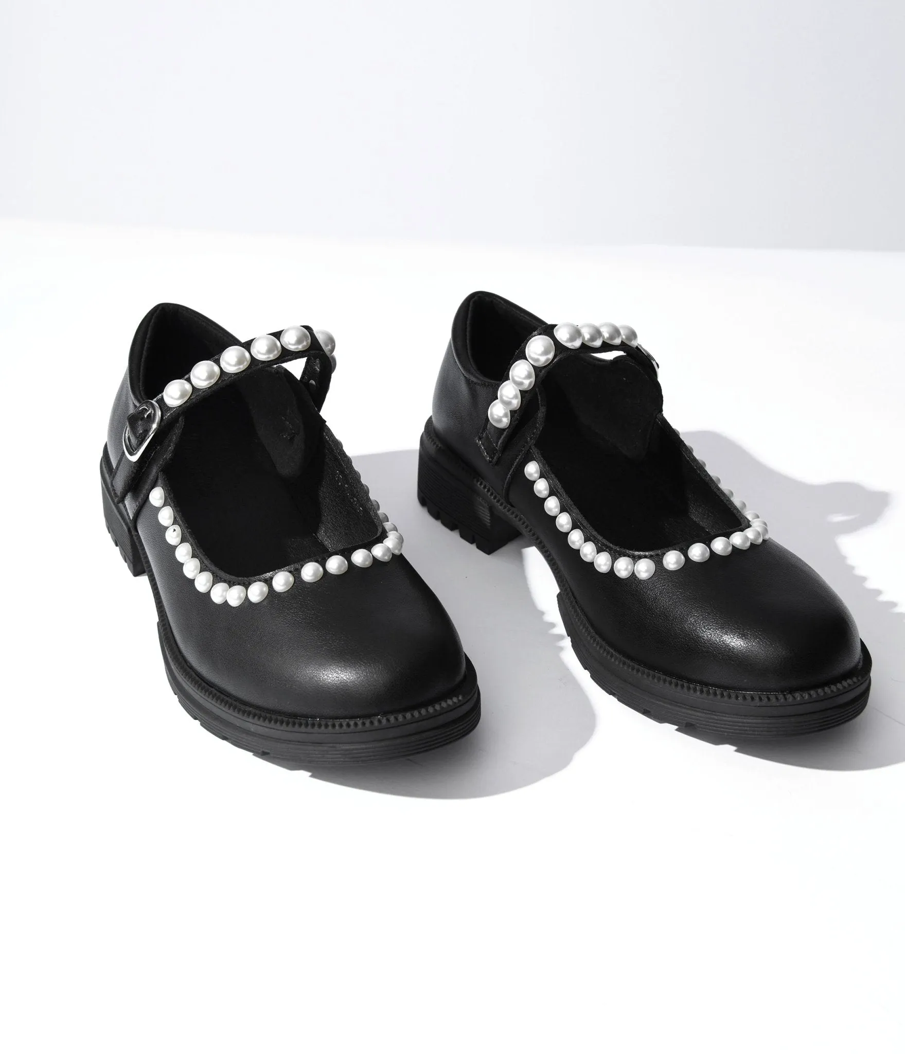 Black Leather Pearl Mary Jane Flats