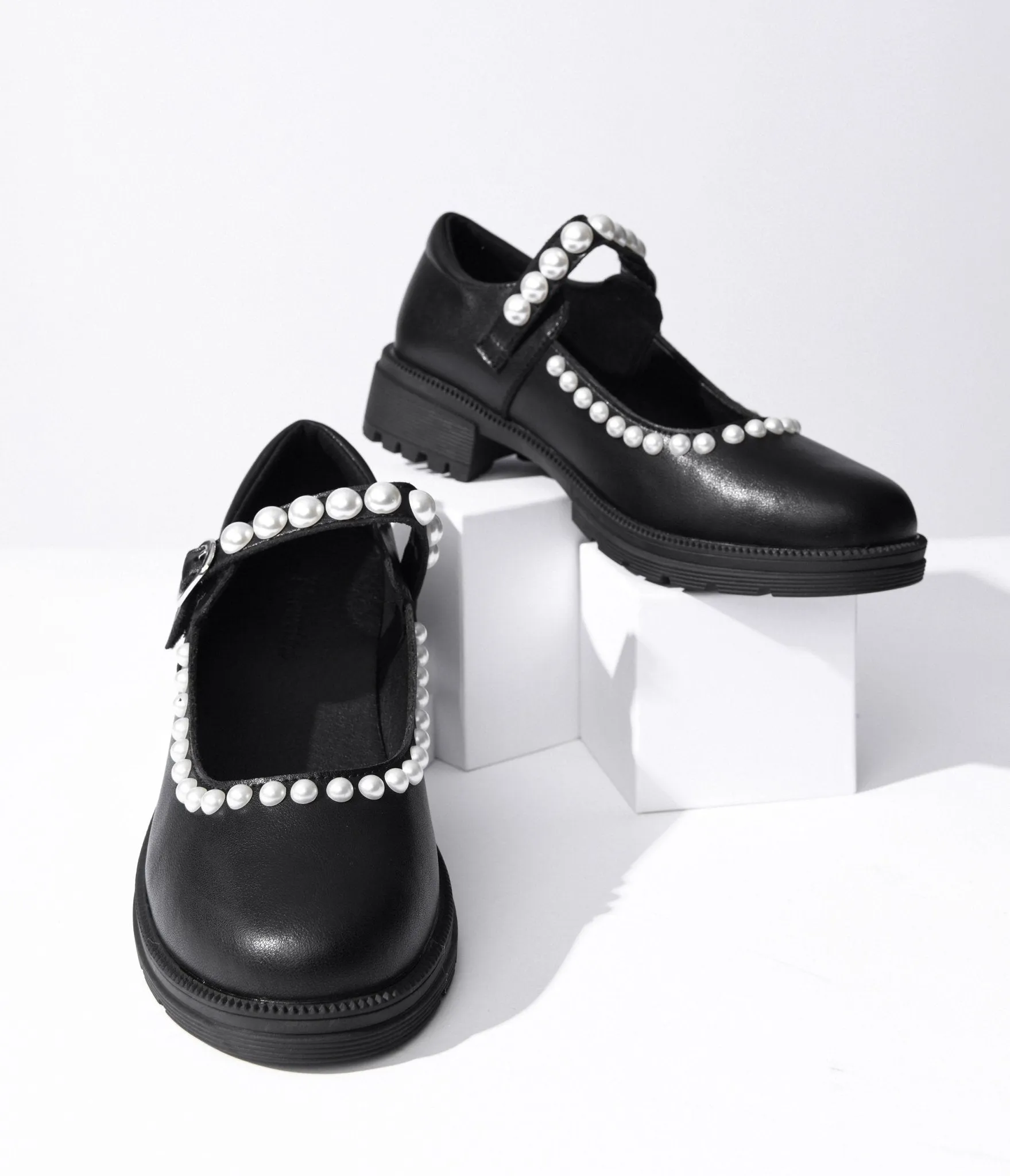 Black Leather Pearl Mary Jane Flats