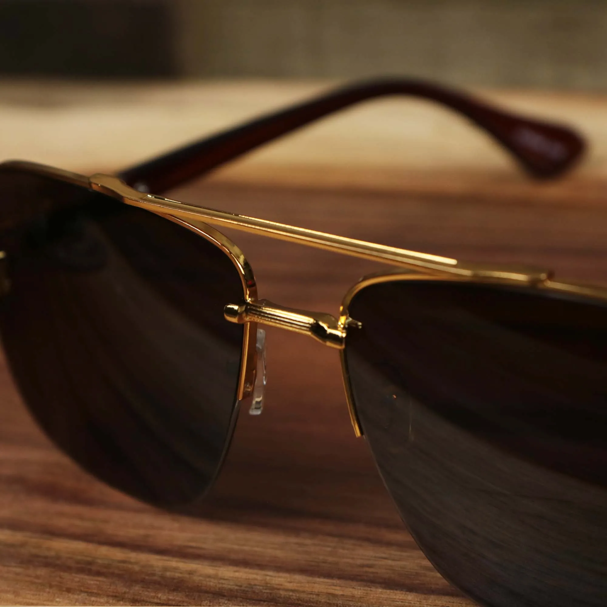 Black Lens Gold Frame Round Rectangle Sunglasses