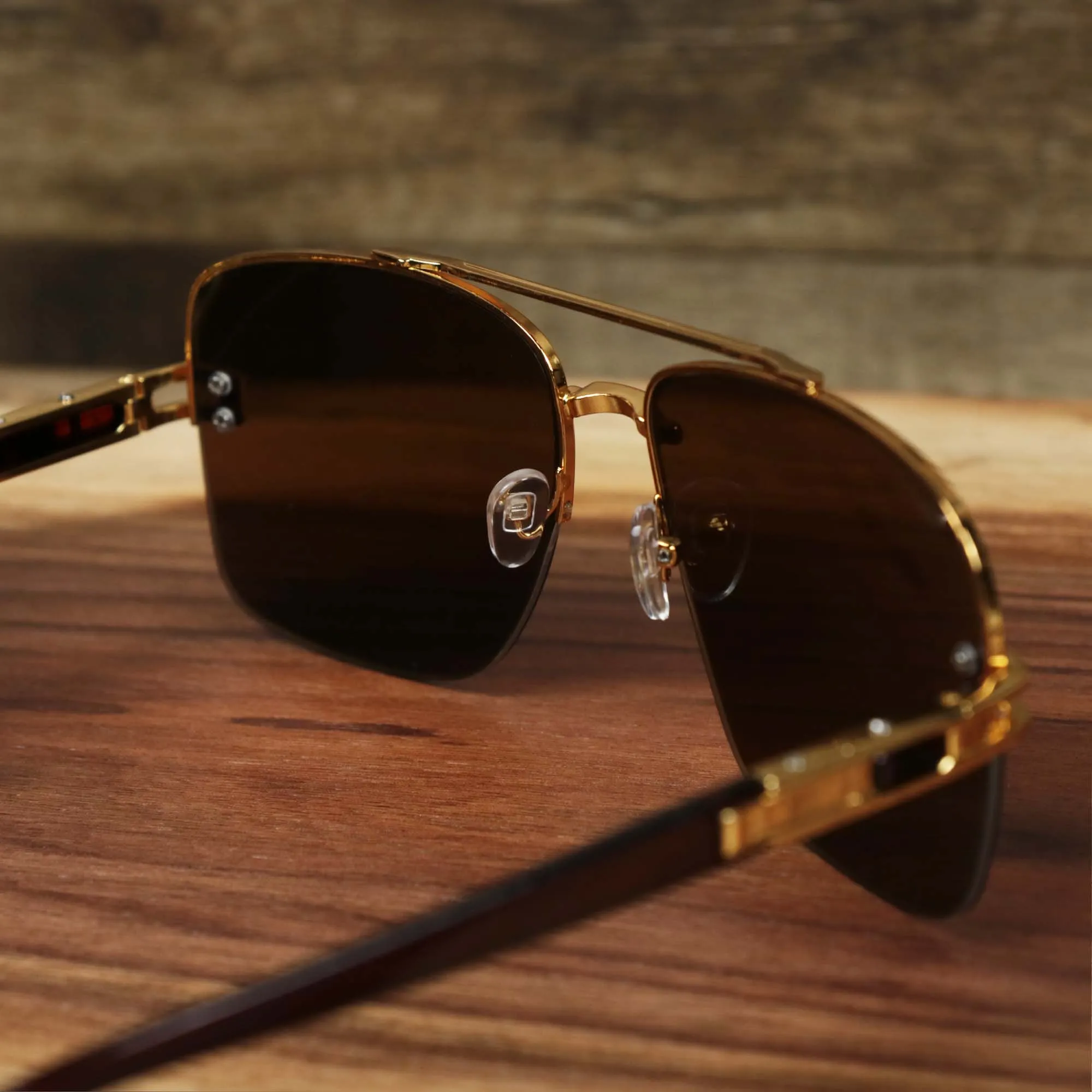 Black Lens Gold Frame Round Rectangle Sunglasses