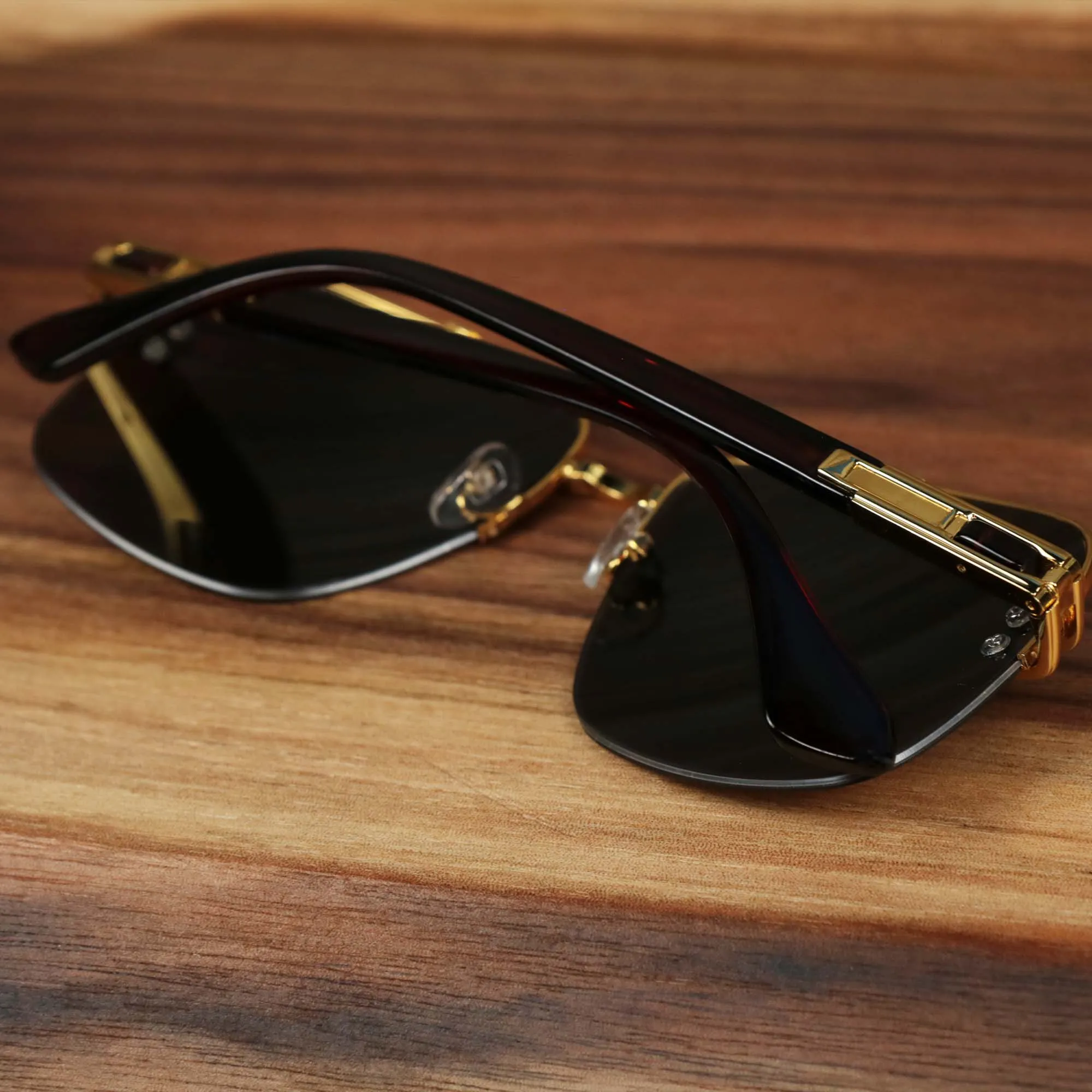 Black Lens Gold Frame Round Rectangle Sunglasses