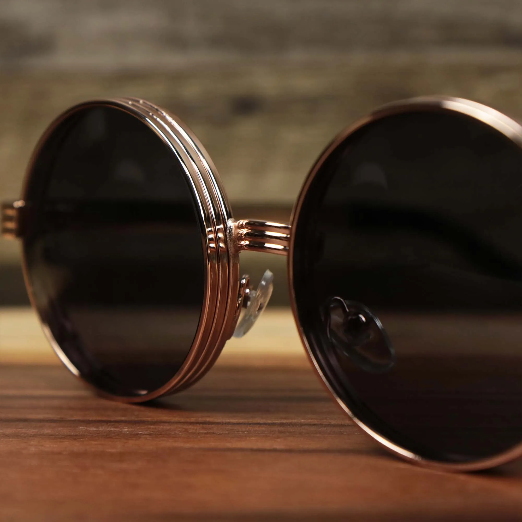 Black Lens Sunglasses with Rose Gold Frame - Round 3 Row Frame