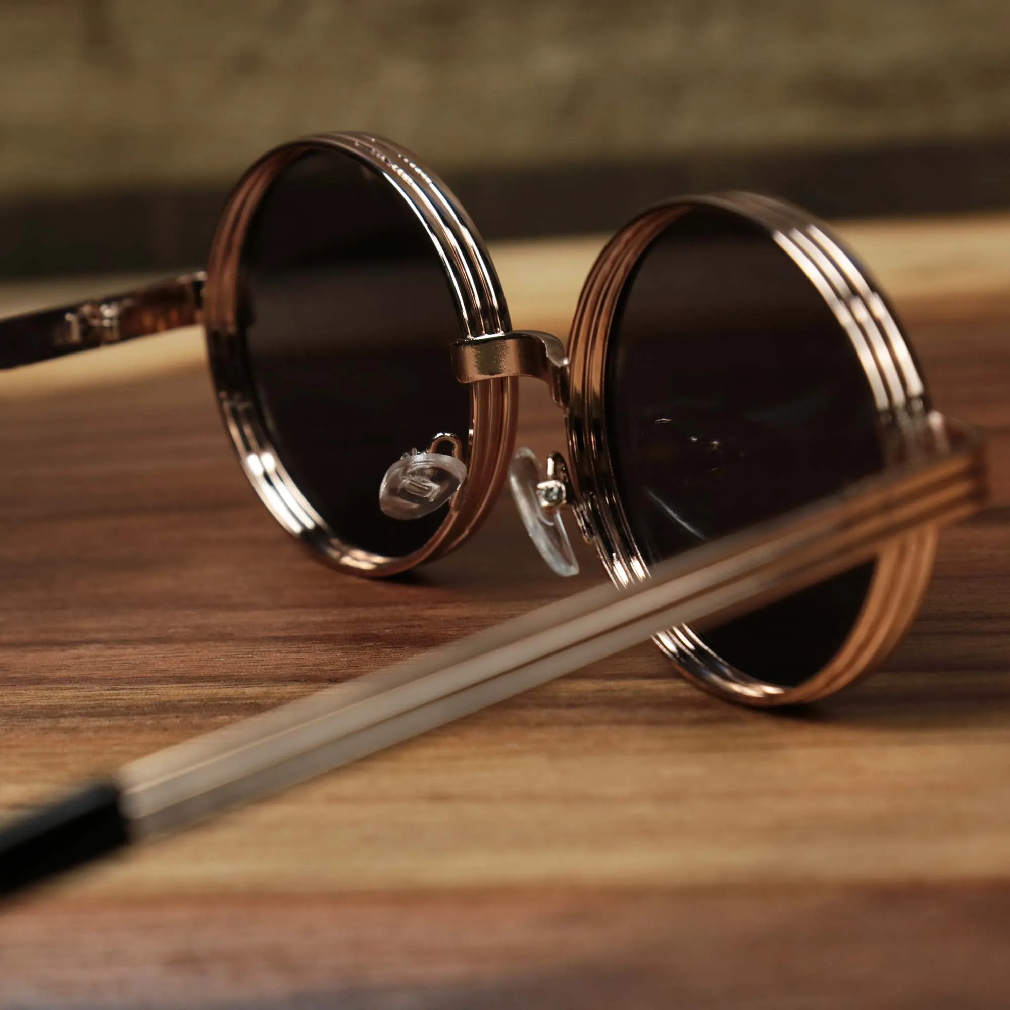 Black Lens Sunglasses with Rose Gold Frame - Round 3 Row Frame