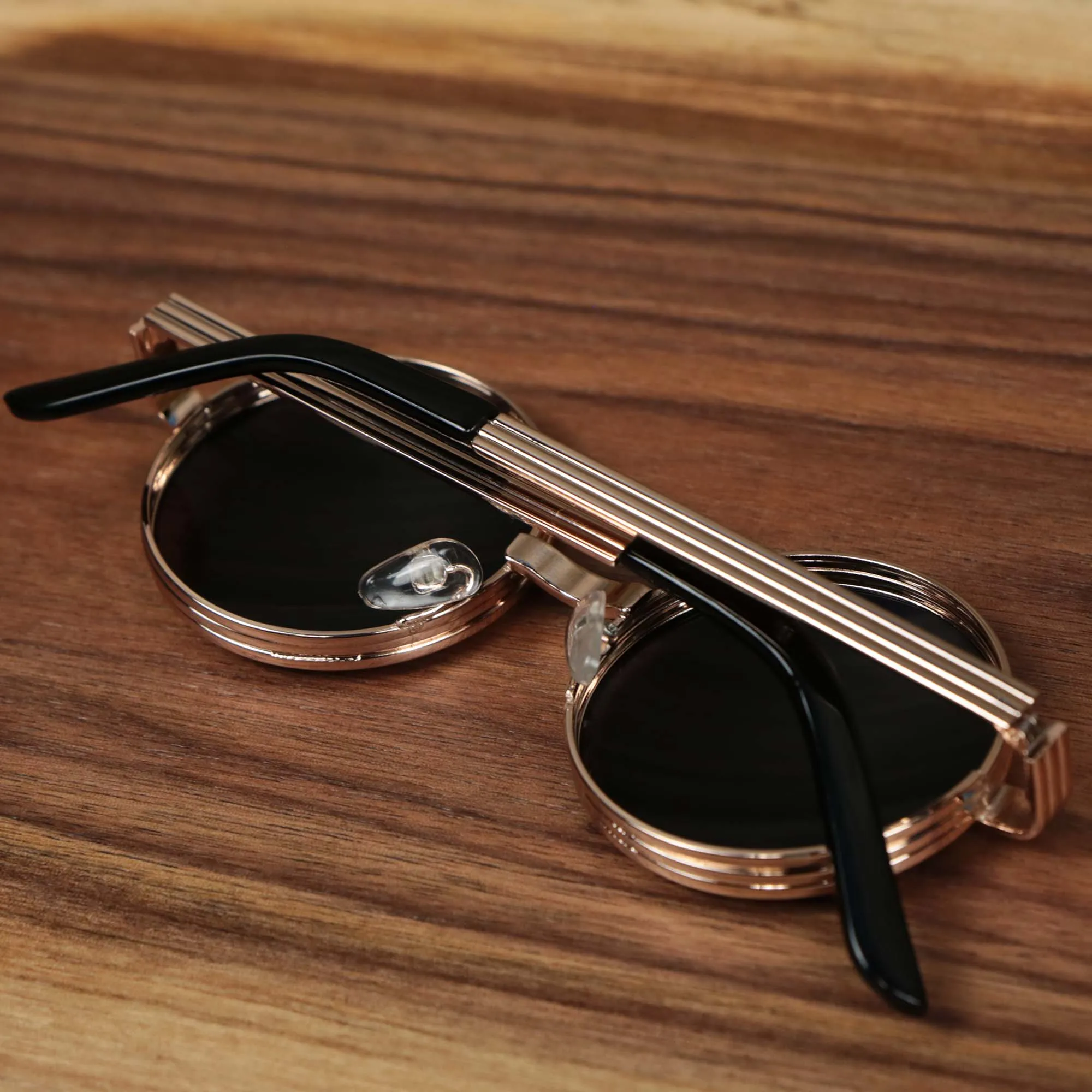 Black Lens Sunglasses with Rose Gold Frame - Round 3 Row Frame