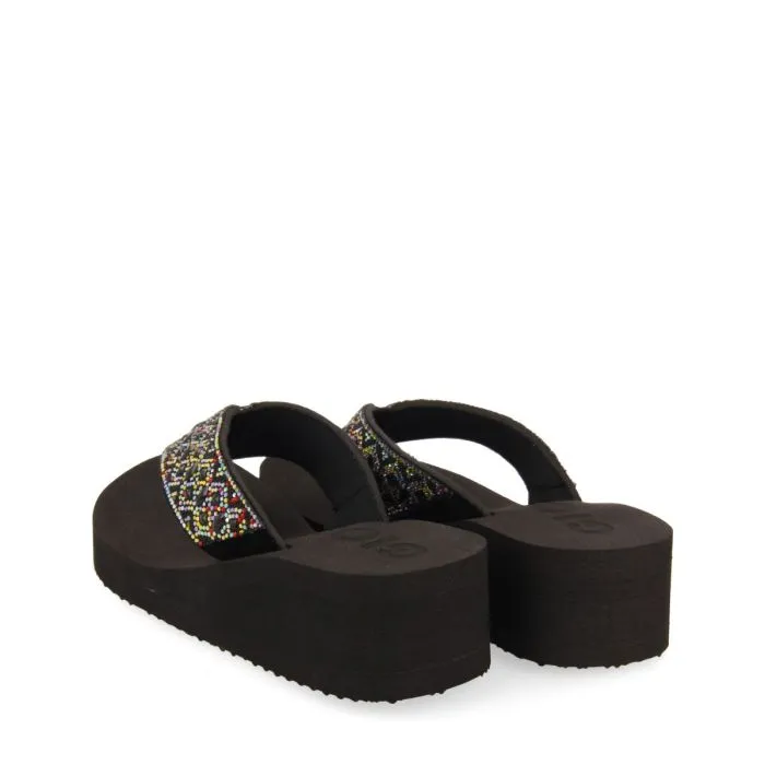 BLACK WEDGE SANDALS WITH CRYSTAL EMBELLISHMENT FOR WOMEN DRENOVE