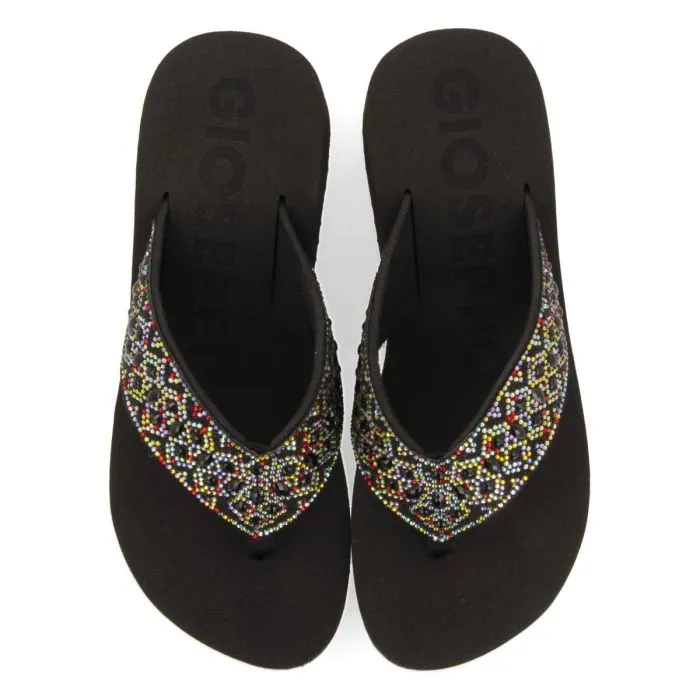 BLACK WEDGE SANDALS WITH CRYSTAL EMBELLISHMENT FOR WOMEN DRENOVE