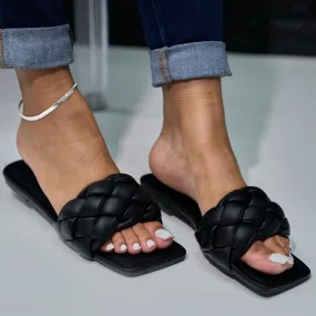 black woven slide shoes