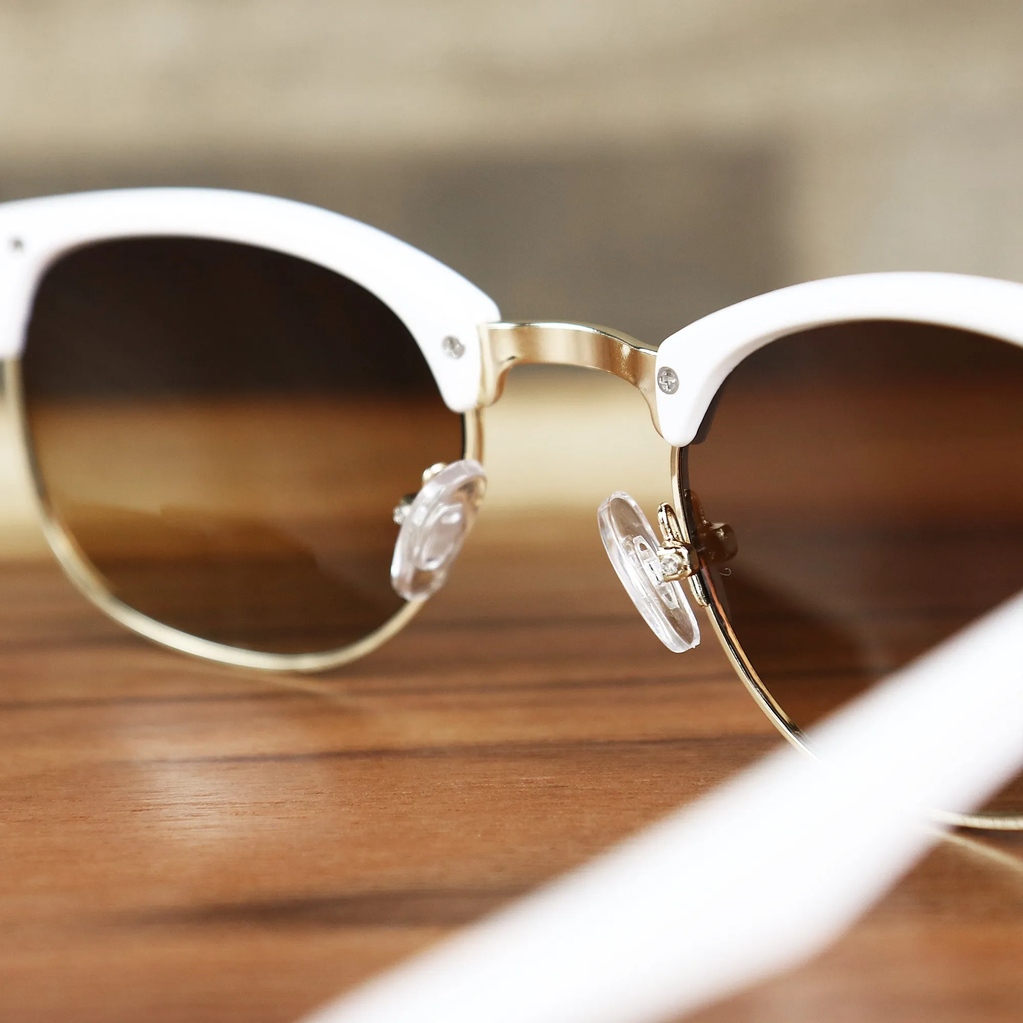 Brown Gradient Lens Sunglasses with White Gold Frame - Round Frame