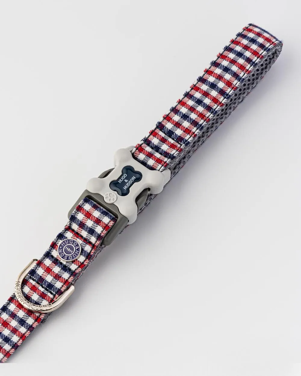 Checkered Navy and Red Fabric Dog Leash