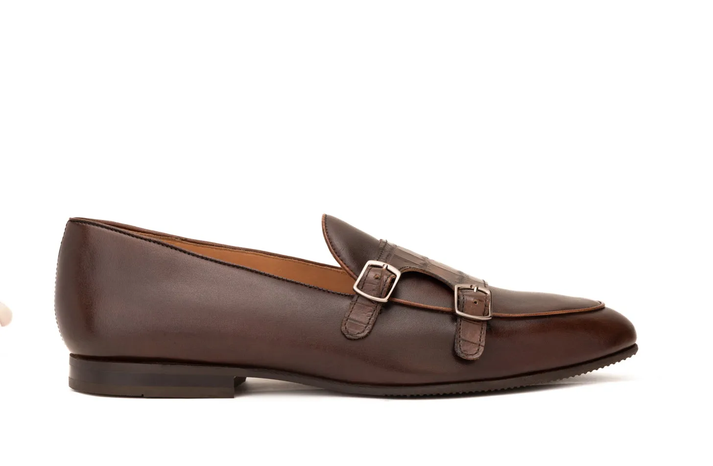 Double Monk Loafer Croc textured Ornamental Buckle Straps