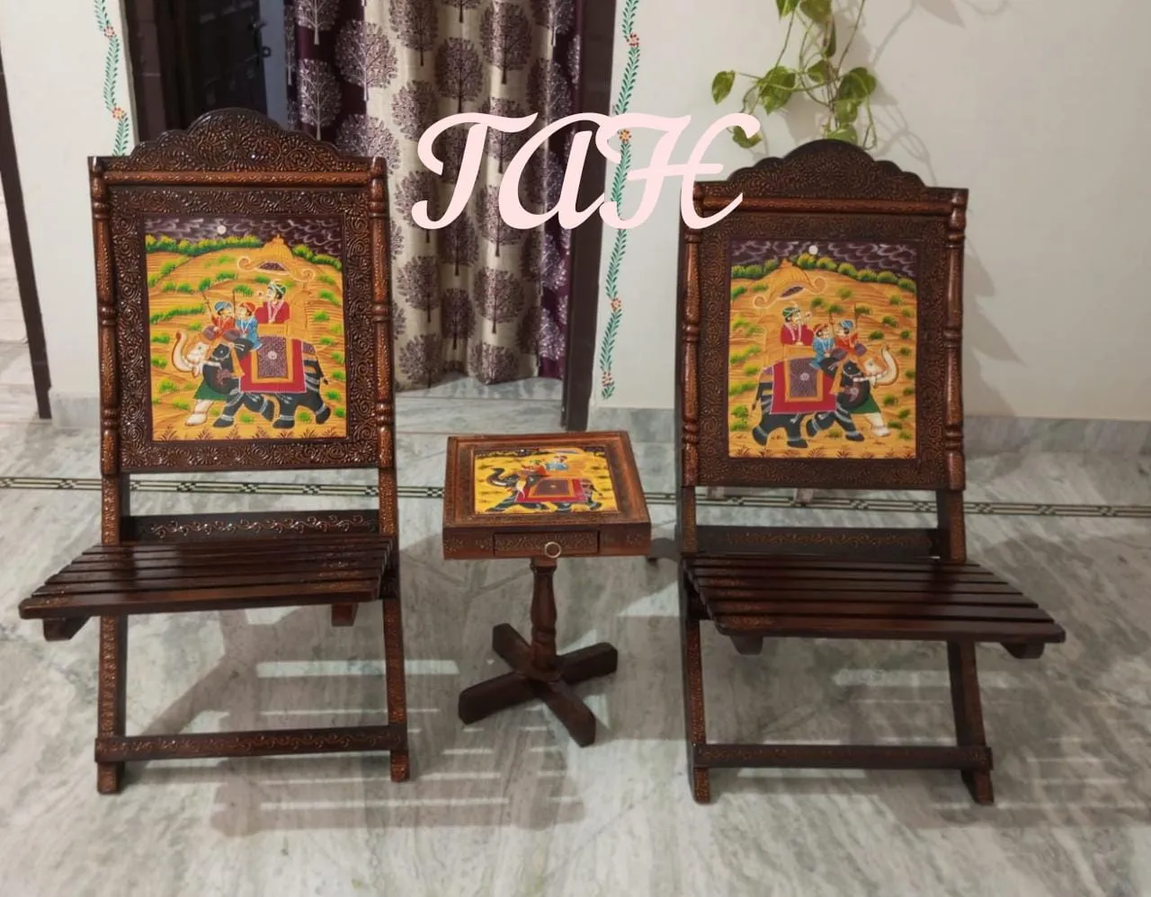 Embossed Mango Wood Chairs and Table Set