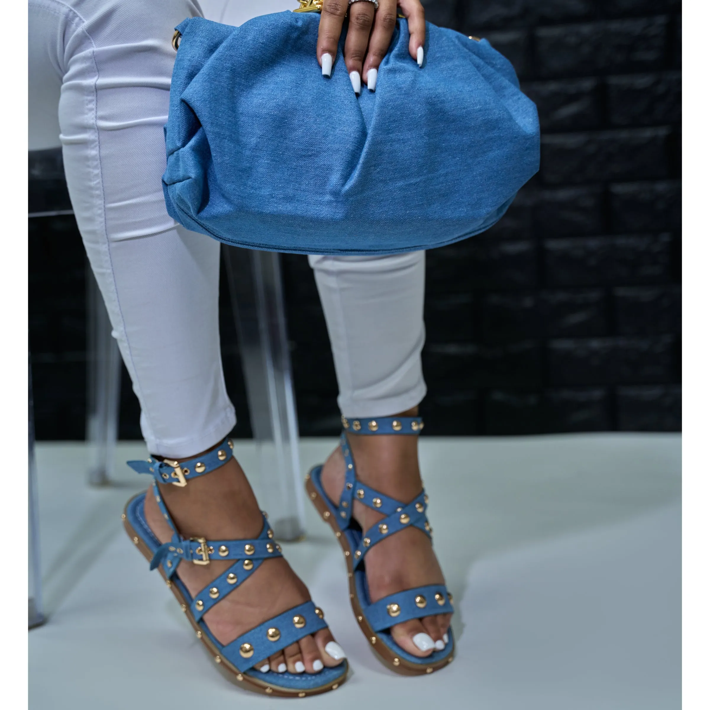 Gold denim studded sandal jeans