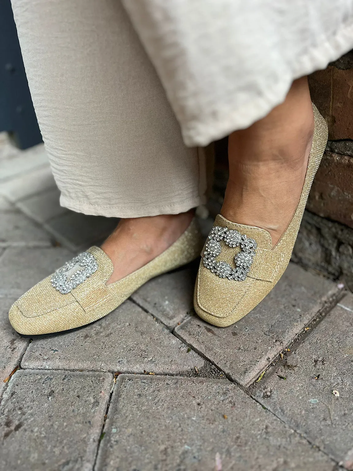 Gold Sparkling Diamante Floral Loafer