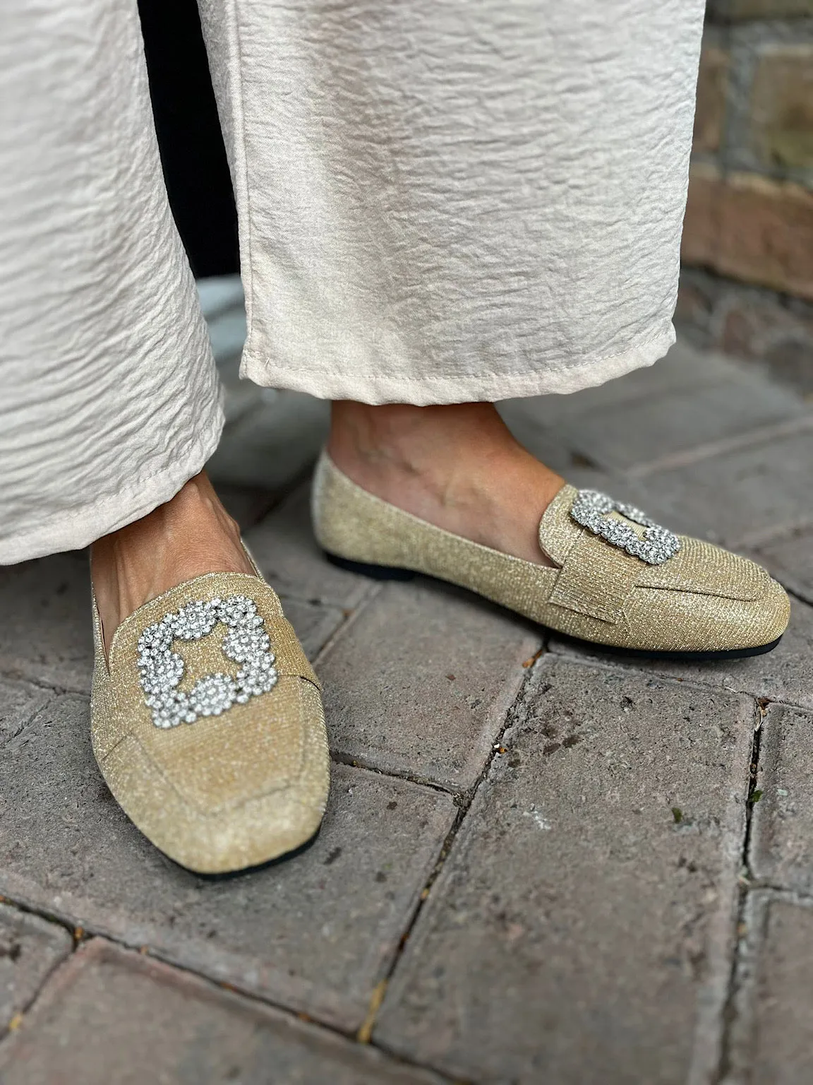 Gold Sparkling Diamante Floral Loafer