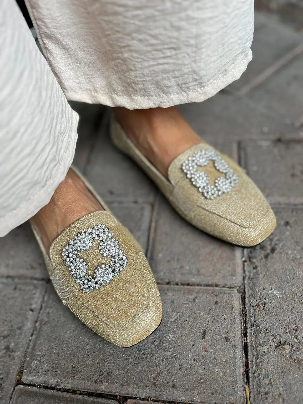 Gold Sparkling Diamante Floral Loafer