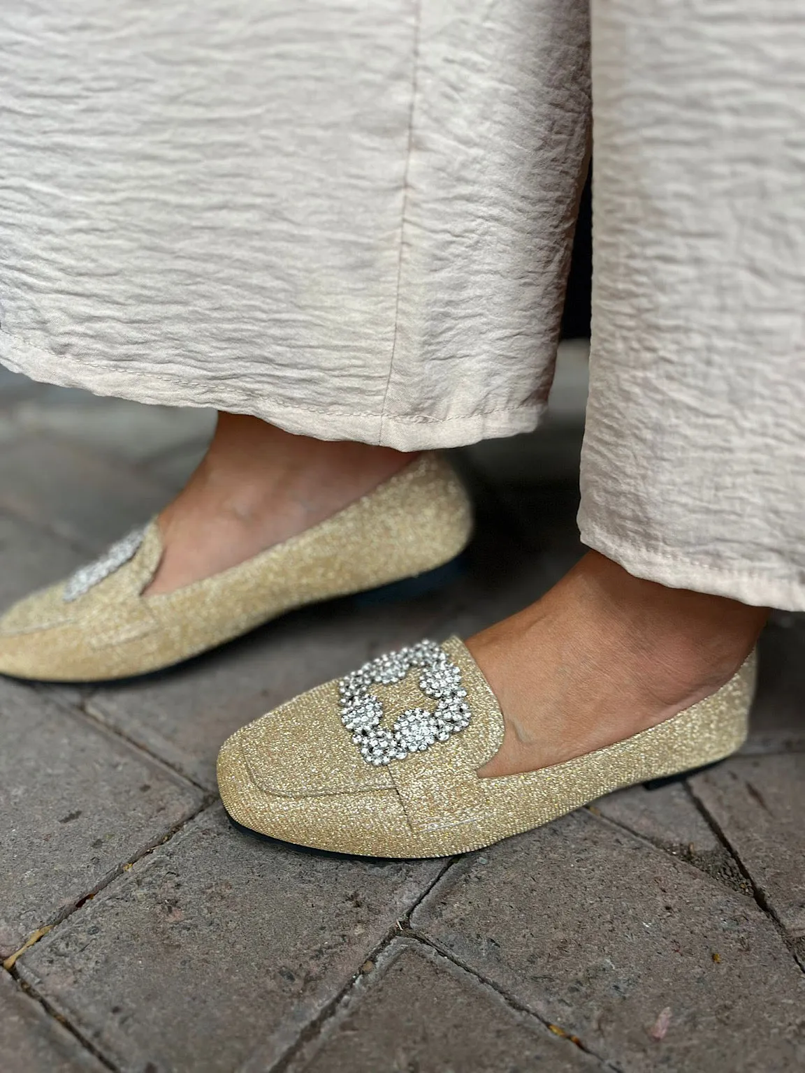 Gold Sparkling Diamante Floral Loafer