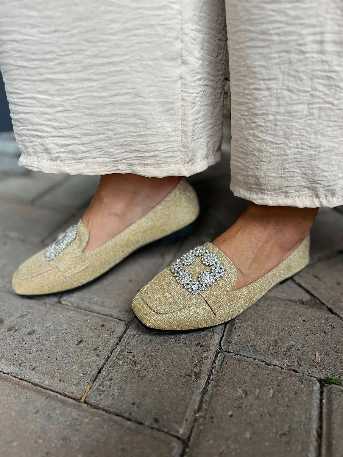 Gold Sparkling Diamante Floral Loafer