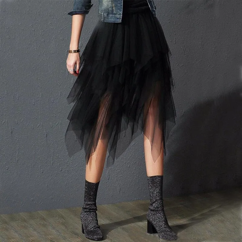 Gothic Black Mesh Long Skirt - Dark Aesthetic