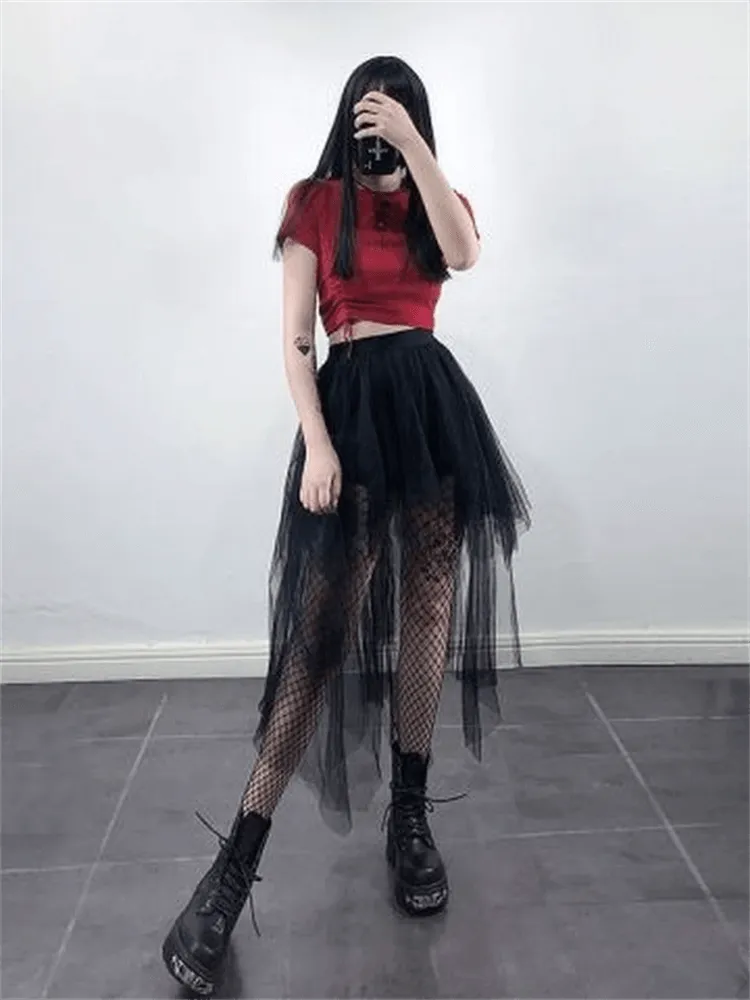 Gothic Black Mesh Long Skirt - Dark Aesthetic