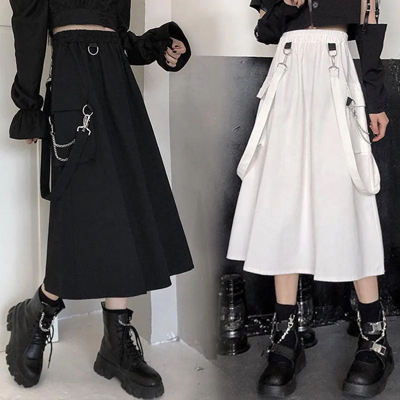 Gothic High Waist Techwear Long Skirt with Chain Pocket Strap - Cargo Skirt