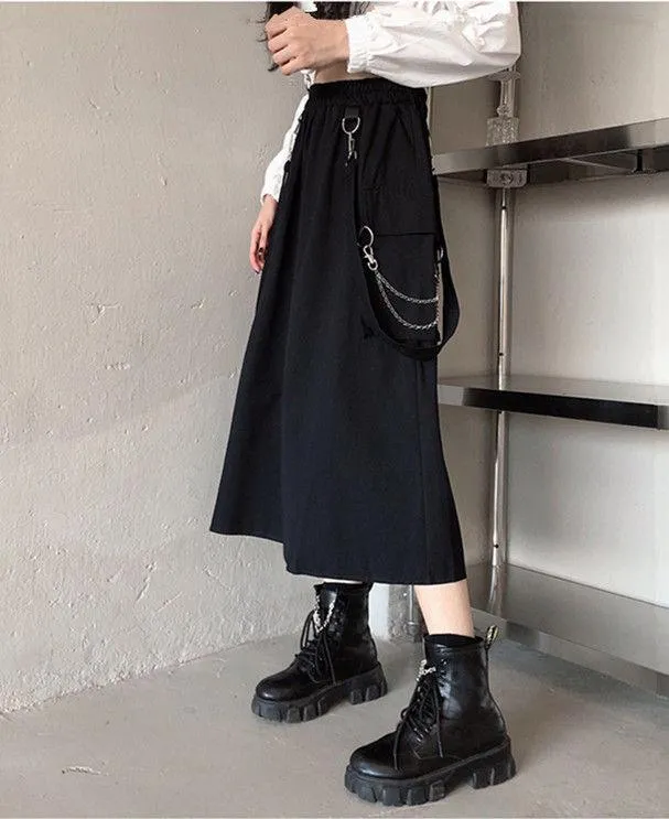 Gothic High Waist Techwear Long Skirt with Chain Pocket Strap - Cargo Skirt