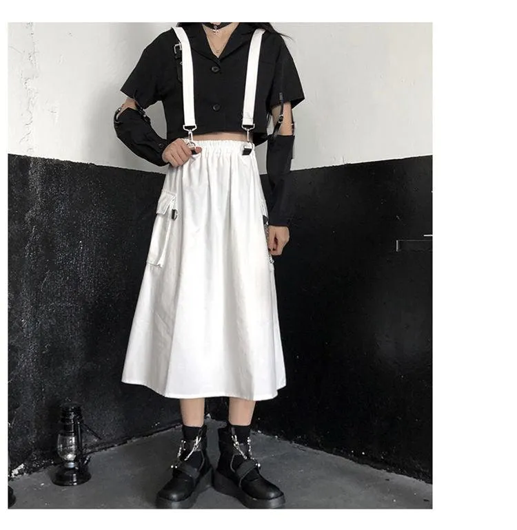 Gothic High Waist Techwear Long Skirt with Chain Pocket Strap - Cargo Skirt