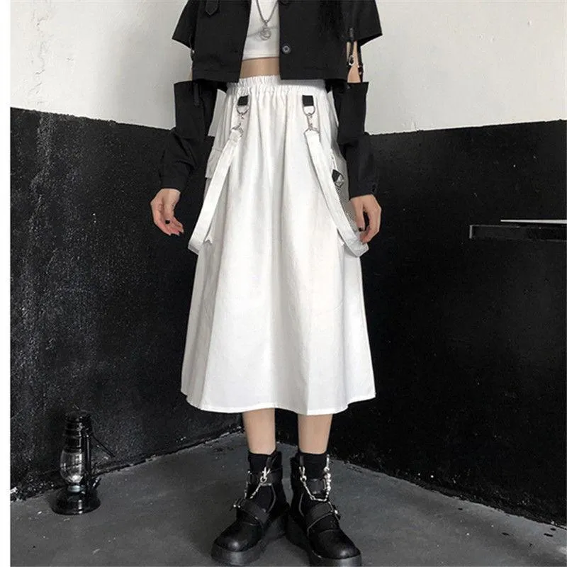 Gothic High Waist Techwear Long Skirt with Chain Pocket Strap - Cargo Skirt