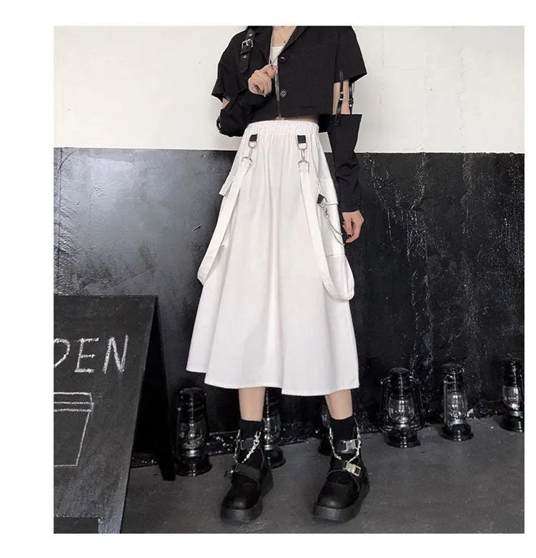 Gothic High Waist Techwear Long Skirt with Chain Pocket Strap - Cargo Skirt