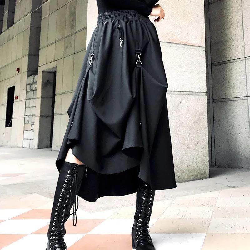 Gothic High Waist Techwear Long Skirt with Chain Pocket Strap - Cargo Skirt