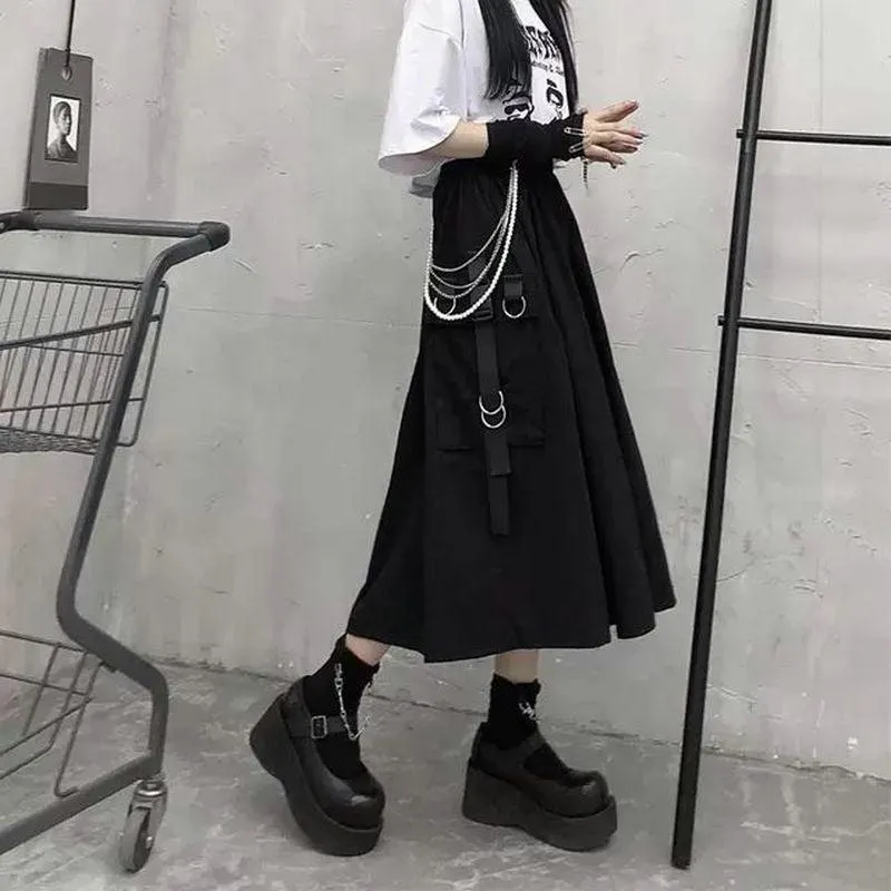 Gothic High Waist Techwear Long Skirt with Chain Pocket Strap - Cargo Skirt