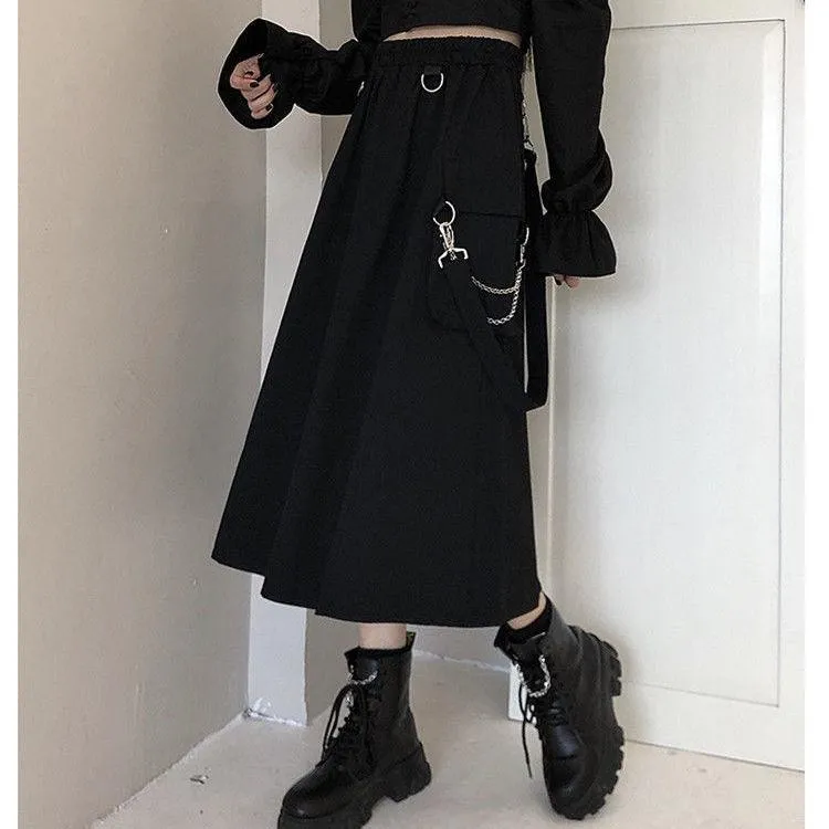 Gothic High Waist Techwear Long Skirt with Chain Pocket Strap - Cargo Skirt