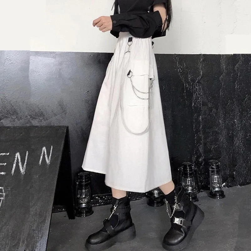 Gothic High Waist Techwear Long Skirt with Chain Pocket Strap - Cargo Skirt