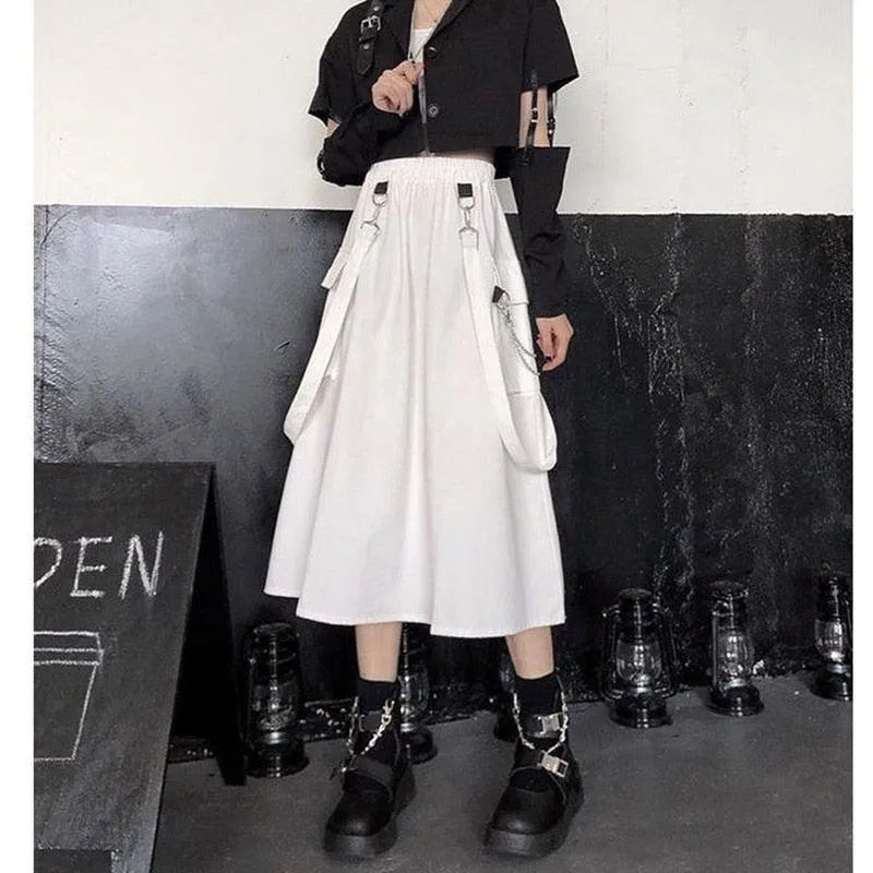 Gothic High Waist Techwear Long Skirt with Chain Pocket Strap - Cargo Skirt