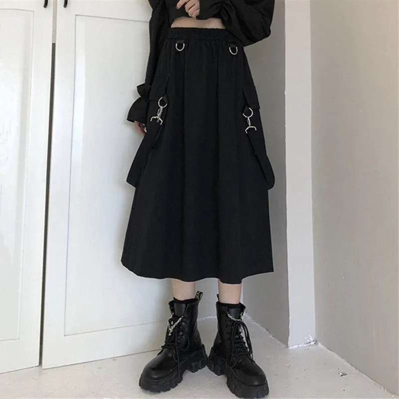 Gothic High Waist Techwear Long Skirt with Chain Pocket Strap - Cargo Skirt